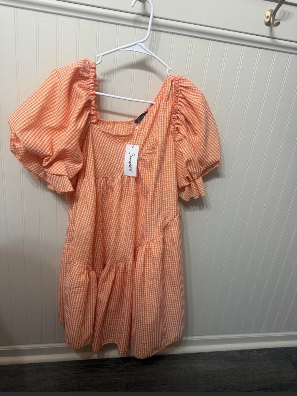 Simple Orange Gingham Puff-Sleeve Dress